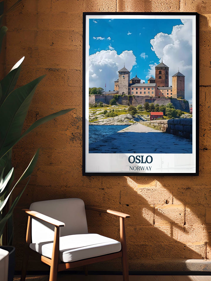 Oslo canvas art print showcasing the citys iconic landmarks, including Akershus Fortress and Radhuset, ideal for Norway enthusiasts.