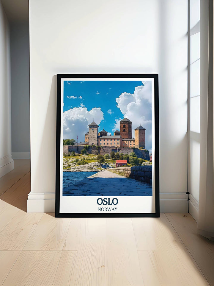 Fine art print of Akershus Fortress, showcasing the historic Norwegian landmark against the backdrop of Oslos scenic waterfront.