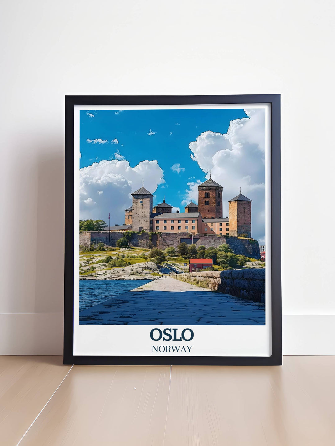 Home decor featuring Oslos iconic Radhuset and Akershus Fortress, perfect for adding Scandinavian charm to any room.