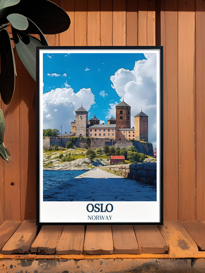 Akershus Fortress poster, highlighting the medieval stronghold overlooking Oslo Harbor, perfect for Scandinavian decor.