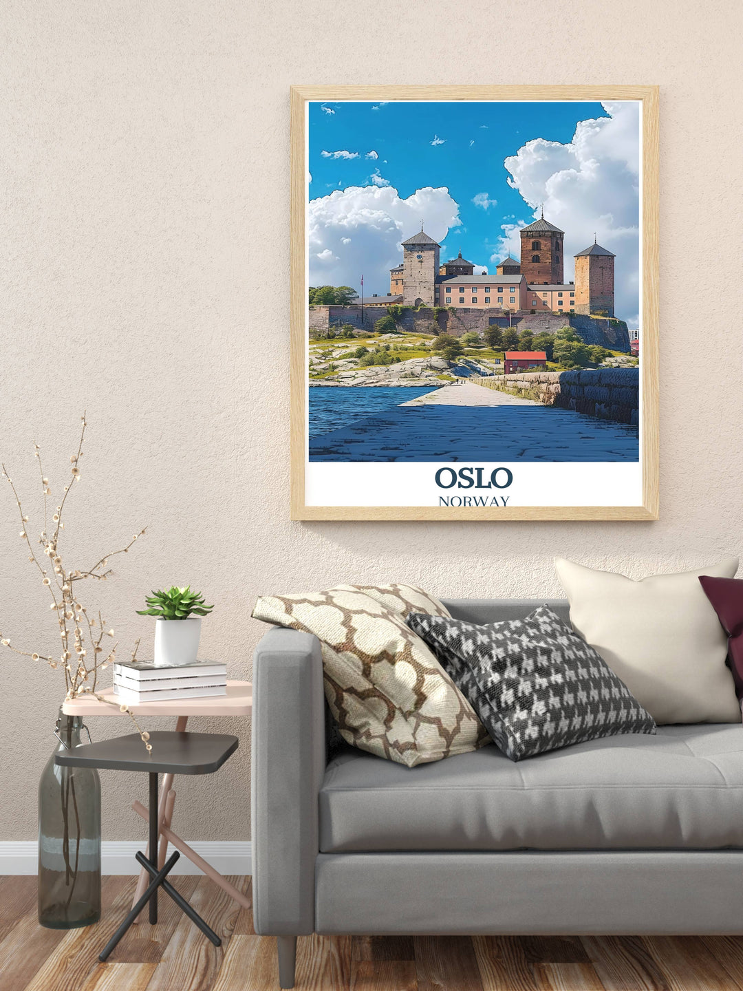 Retro travel poster of Oslo, featuring vintage inspired design elements and iconic landmarks like Akershus Fortress.