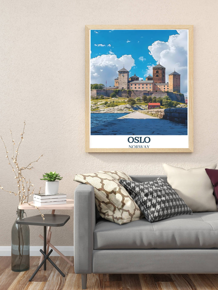 Retro travel poster of Oslo, featuring vintage inspired design elements and iconic landmarks like Akershus Fortress.