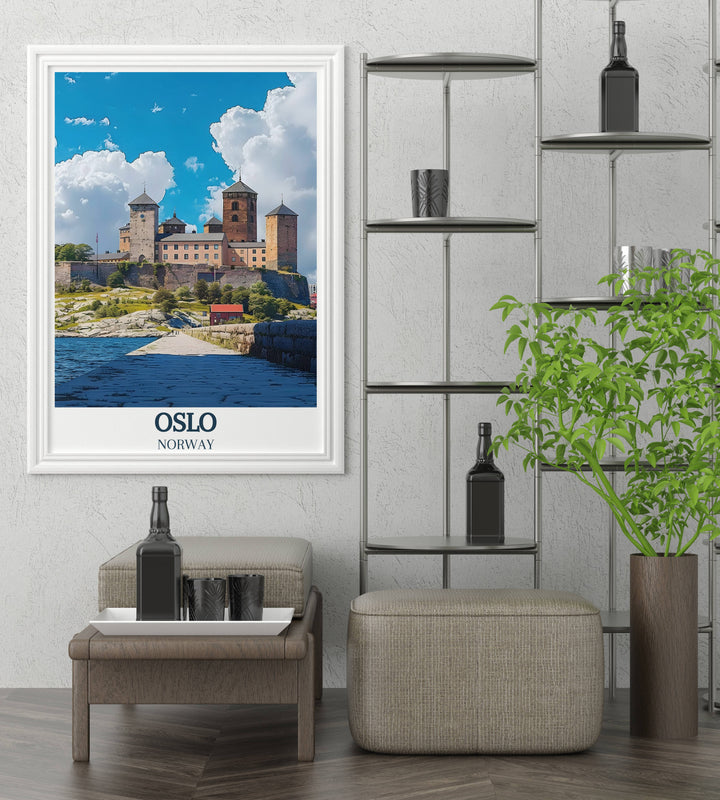 Framed print showcasing the timeless beauty of Oslos Radhuset and Akershus Fortress, ideal for Scandinavian decor enthusiasts.
