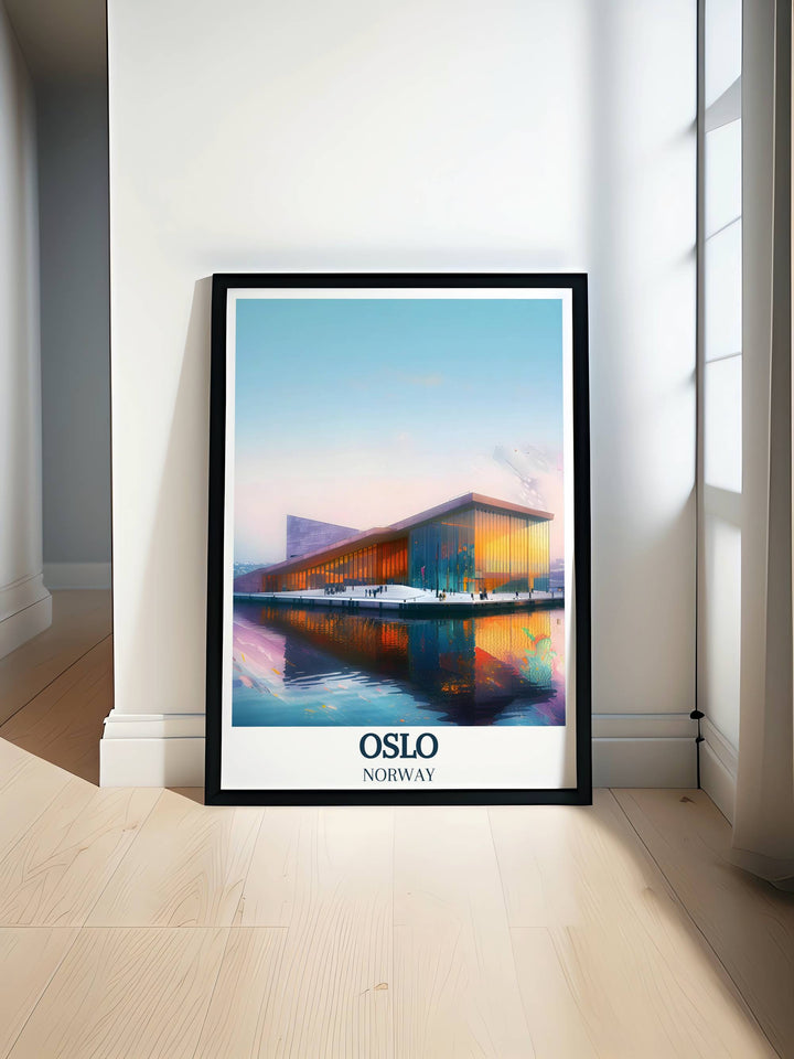 Gallery wall art of The Oslo Opera House, showcasing its modern architectural design against the backdrop of Oslos skyline.