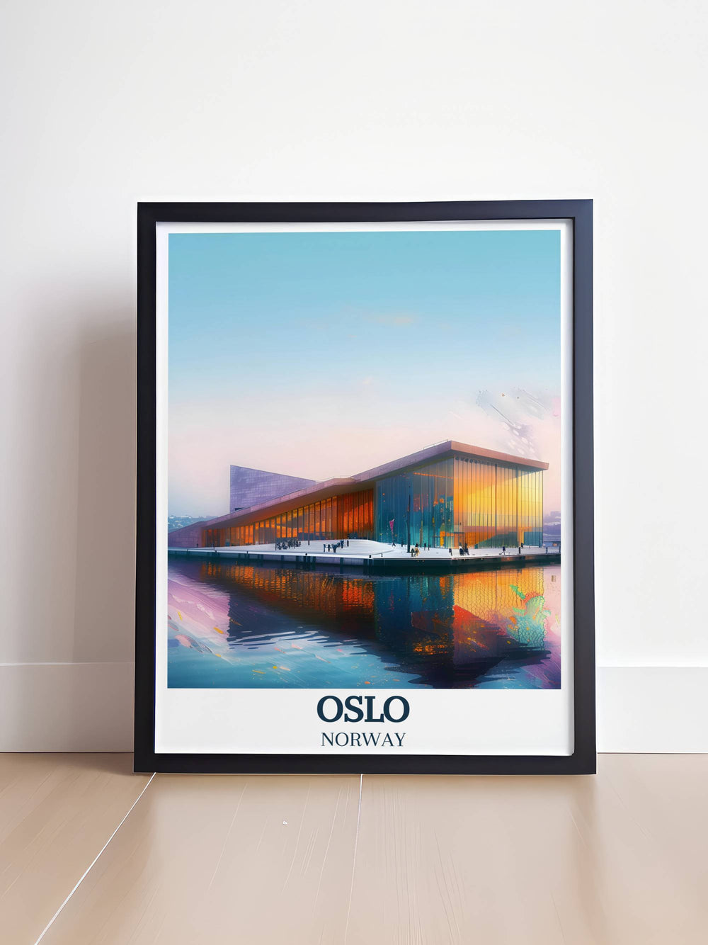 Framed art print of Oslo Norway, capturing the elegance and charm of the citys historic streets and modern landmarks.