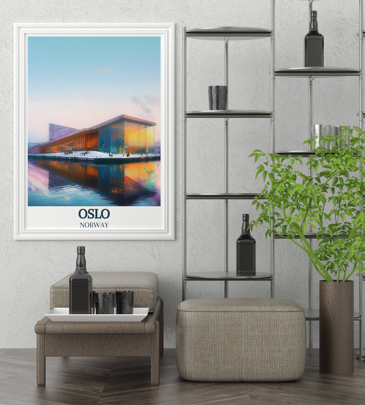 The Oslo Opera House wall art, depicting the iconic landmark against the tranquil waters of Oslo Fjord, perfect for adding a touch of elegance to any room.