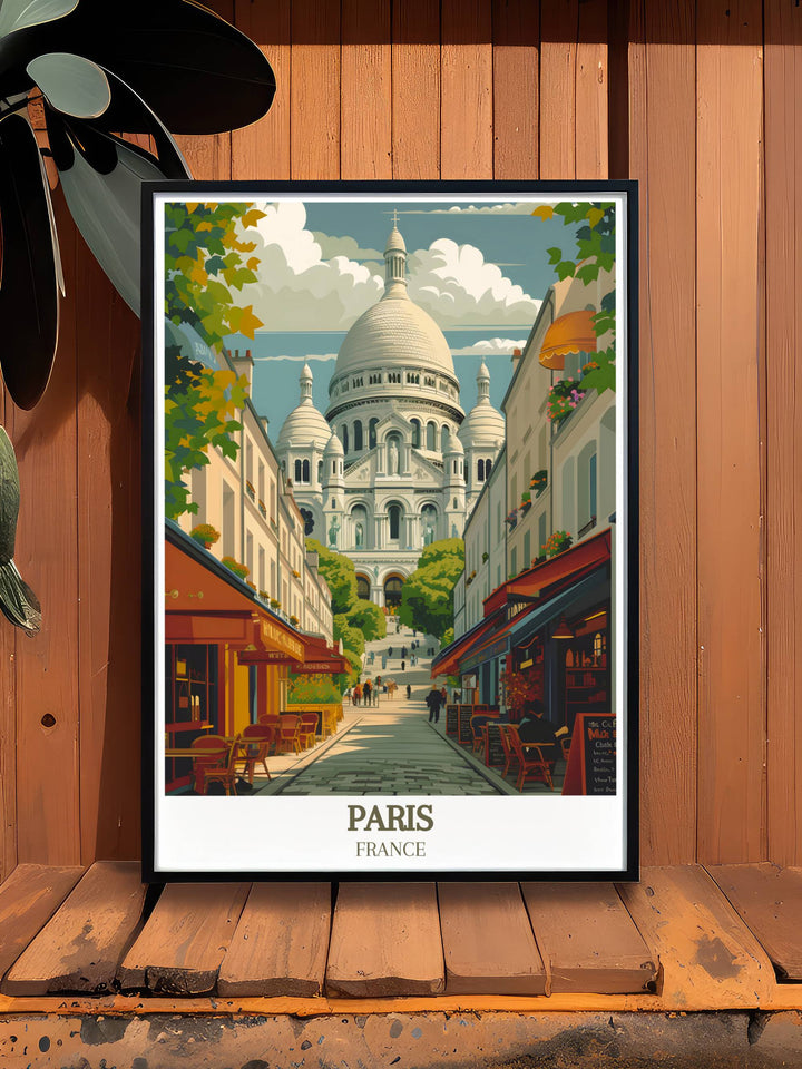Montmartre travel posters, showcasing the neighborhoods unique architecture and bohemian atmosphere, perfect for adding a touch of Parisian flair to any space.