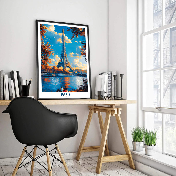 Fine art wall decor print of Paris Eiffel Tower Autumn River Seine displaying vivid orange and blue contrast in Paris, France. MapYourDreams supplies custom framed paper prints, unframed posters, and gallery stretched canvas art suitable for rich decor layouts.
