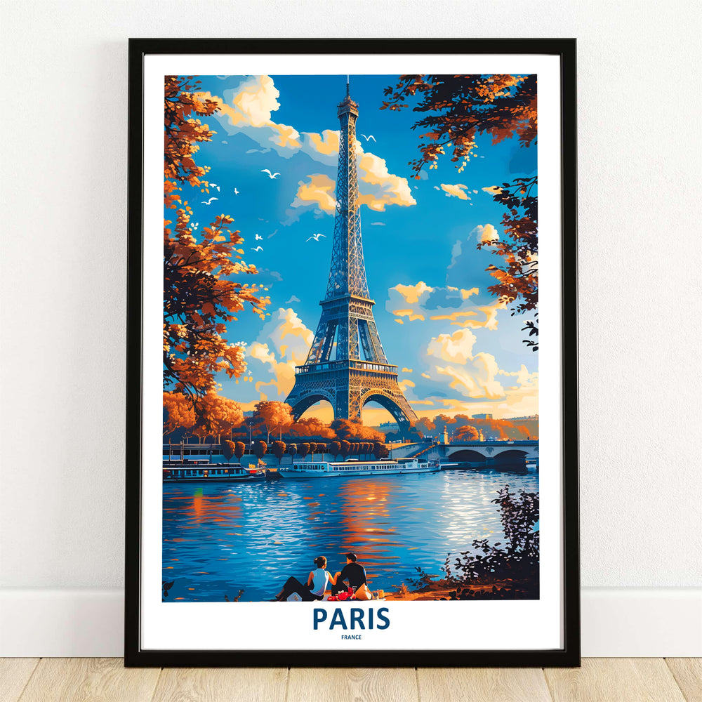 Paris Eiffel Tower Autumn River Seine fine art poster depicting a sunlit Eiffel Tower over the Seine River framed by orange trees in Paris, France. MapYourDreams provides custom framed wall art, unframed paper prints, and gallery stretched canvas wall decor options to elevate home decor.