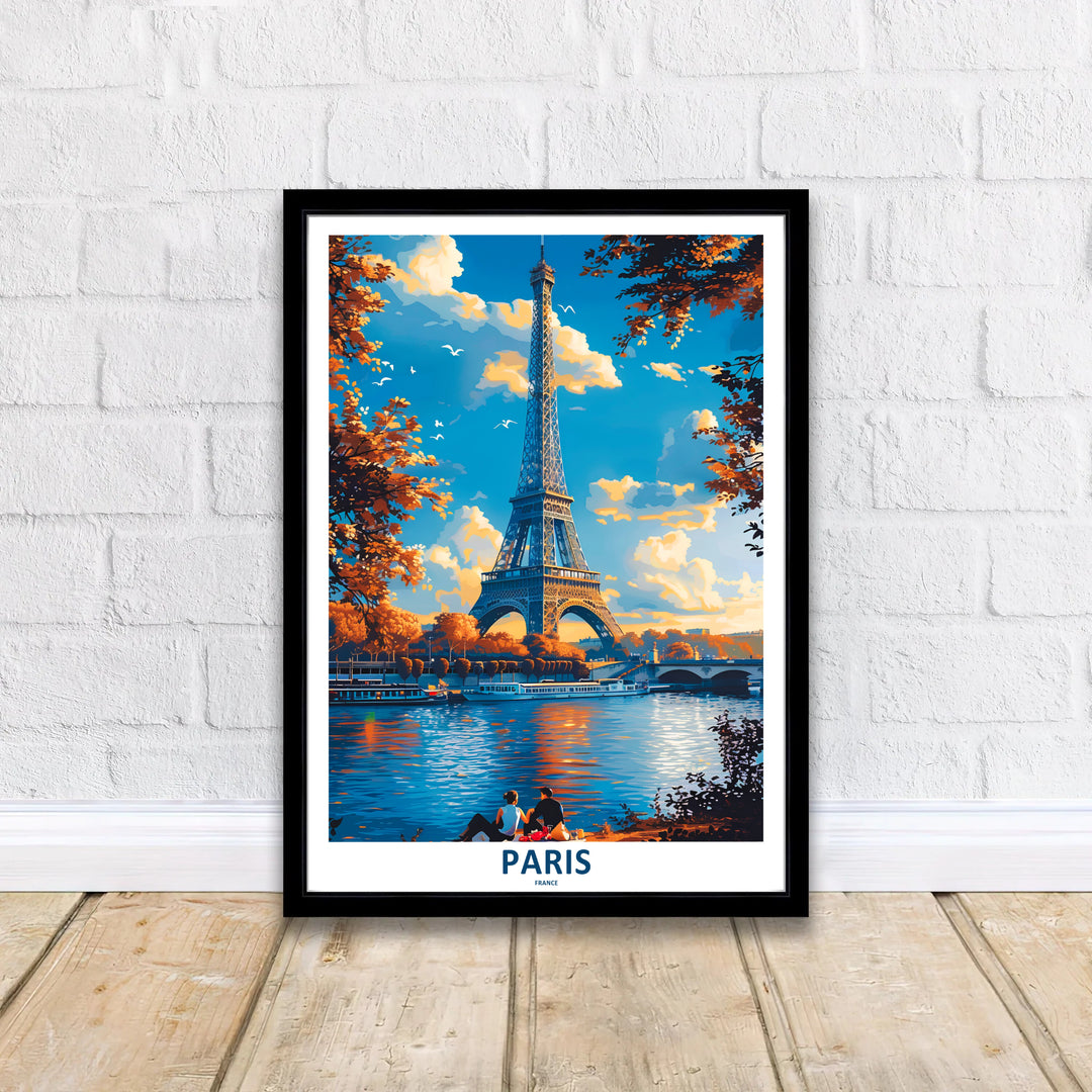 Decorative travel history print of Paris Eiffel Tower Autumn River Seine capturing a serene riverview in Paris, France. MapYourDreams offers versatile framed prints, unframed paper wall decor, and gallery canvas print choices for passionate home art buyers.