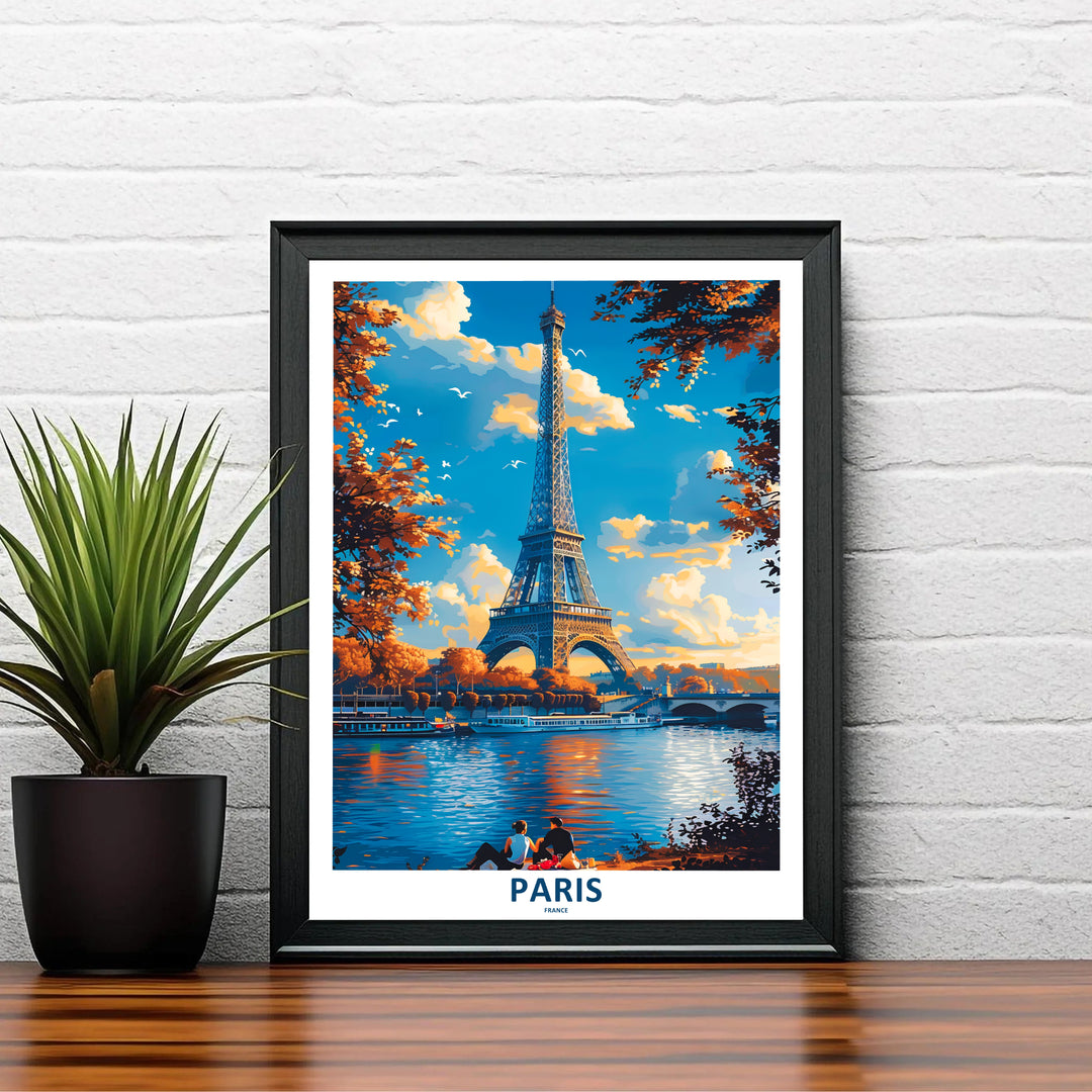 Painterly impressionist poster of Paris Eiffel Tower Autumn River Seine illustrating the iconic landmark in Paris, France. MapYourDreams delivers archival framed wall art, unframed paper prints, and gallery canvas wall decor designed to enhance study rooms.