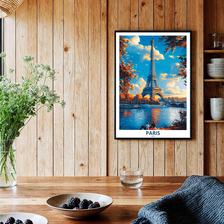 Graphic autumn landscape print of Paris Eiffel Tower Autumn River Seine created in Paris, France with golden cloud reflections on the water. Shop high-definition framed prints, unframed paper posters, and stretched canvas options directly at MapYourDreams for timeless arrangements.
