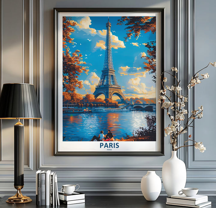 Historic European view poster of Paris Eiffel Tower Autumn River Seine showing peaceful riverbank seating in Paris, France. Order custom framed prints, unframed paper wall art, or gallery canvas options from MapYourDreams to transform your living room aesthetics.