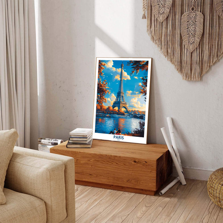 Museum quality fine art poster of Paris Eiffel Tower Autumn River Seine detailing vibrant foliage hues in Paris, France. MapYourDreams provides premium framed prints, unframed paper wall decor, and stretched canvas choices for office and bedroom spaces.