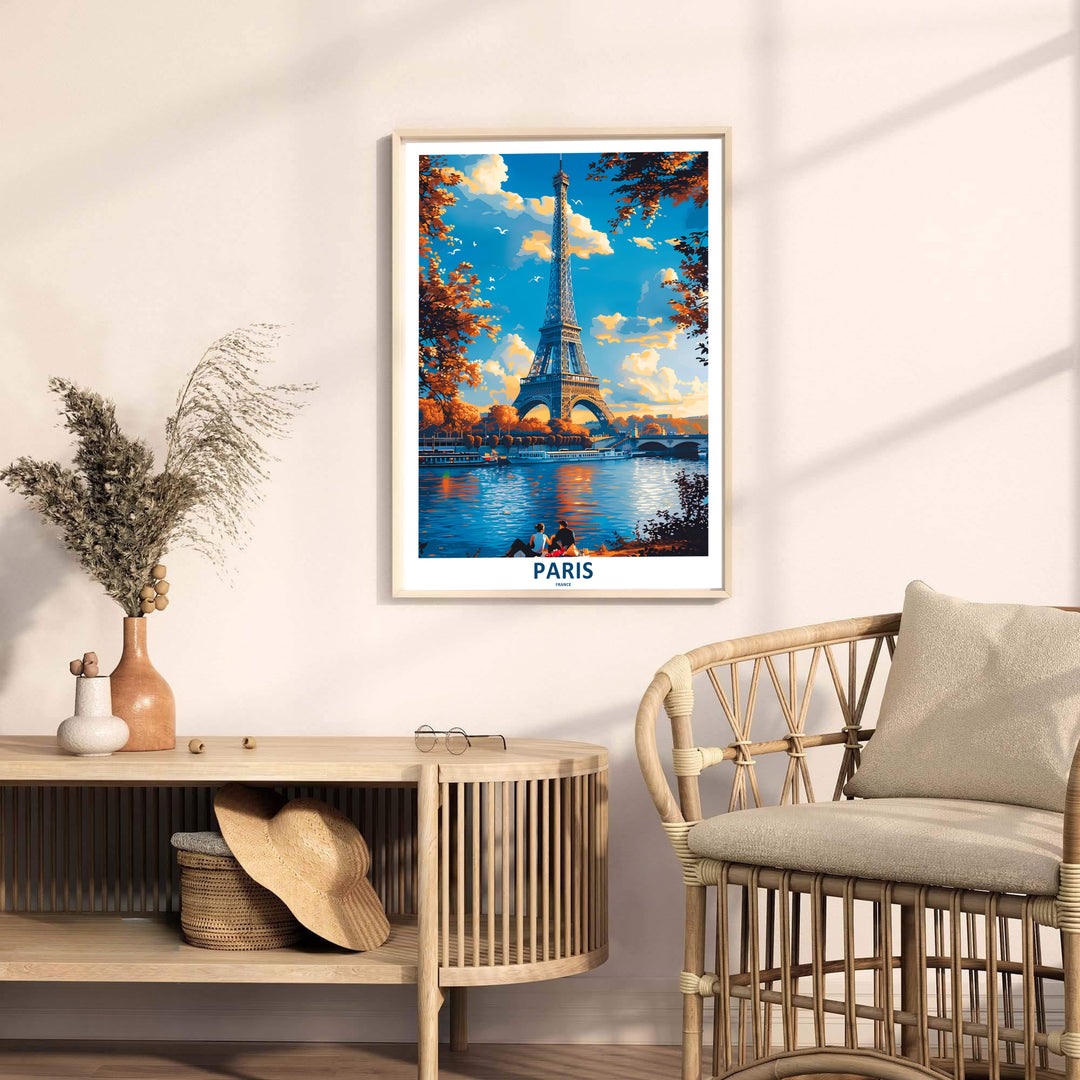 Minimalist travel canvas print of Paris Eiffel Tower Autumn River Seine depicting the iconic iron tower in Paris, France. MapYourDreams offers versatile framed wall art, unframed poster prints, and stretched canvas choices for art lovers and home decorators alike.