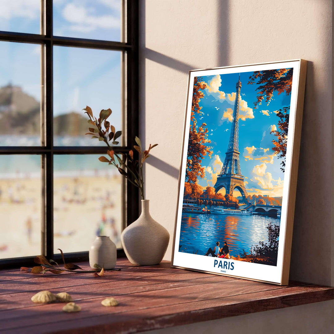 Scenic Parisian travel poster print of Paris Eiffel Tower Autumn River Seine set against clouds and flying birds in Paris, France. MapYourDreams features high-quality framed wall decor, unframed prints, and stretched canvas options ideal for study wall decoration.