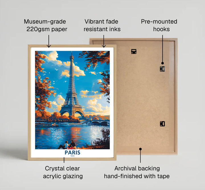 Retro travel poster of Paris Eiffel Tower Autumn River Seine showing riverboats under bridges in Paris, France under a cerulean sky. MapYourDreams offers elegant framed prints, unframed paper posters, and stretched canvas art prints for modern room layouts.