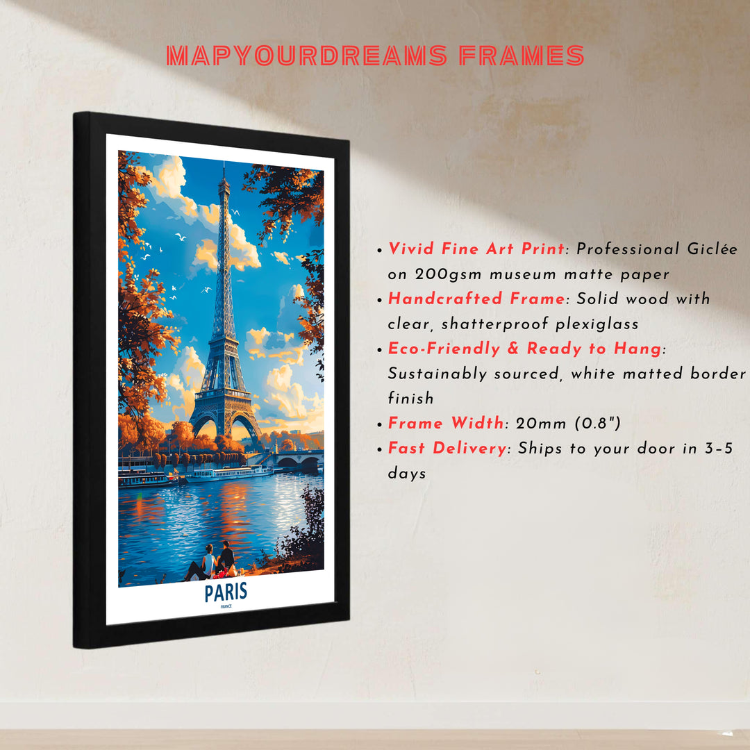 French travel landscape art print of Paris Eiffel Tower Autumn River Seine featuring a romantic riverside setting in Paris, France. Explore ready-to-hang framed wall art, unframed paper prints, and gallery canvas decor available directly from MapYourDreams online store.