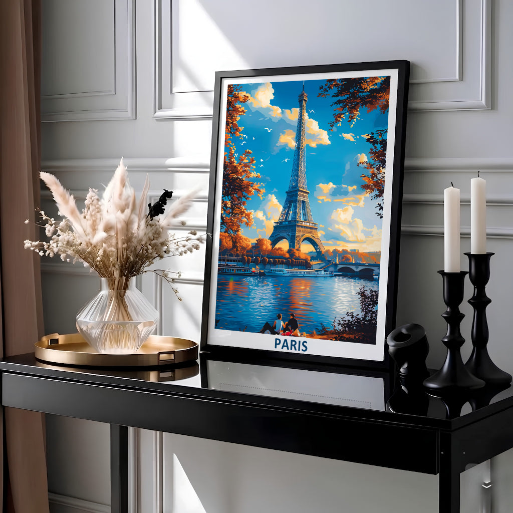 Scenic French architecture print of Paris Eiffel Tower Autumn River Seine displaying autumn foliage in Paris, France. Select custom framed wall art, unframed paper poster prints, or gallery canvas formats at MapYourDreams for a cohesive fine art display.