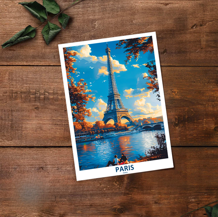 Vivid French scenic art print of Paris Eiffel Tower Autumn River Seine produced with rich retro aesthetic in Paris, France. Buy high-definition framed prints, unframed paper wall decor, and gallery canvas choices directly from MapYourDreams for artistic setups.
