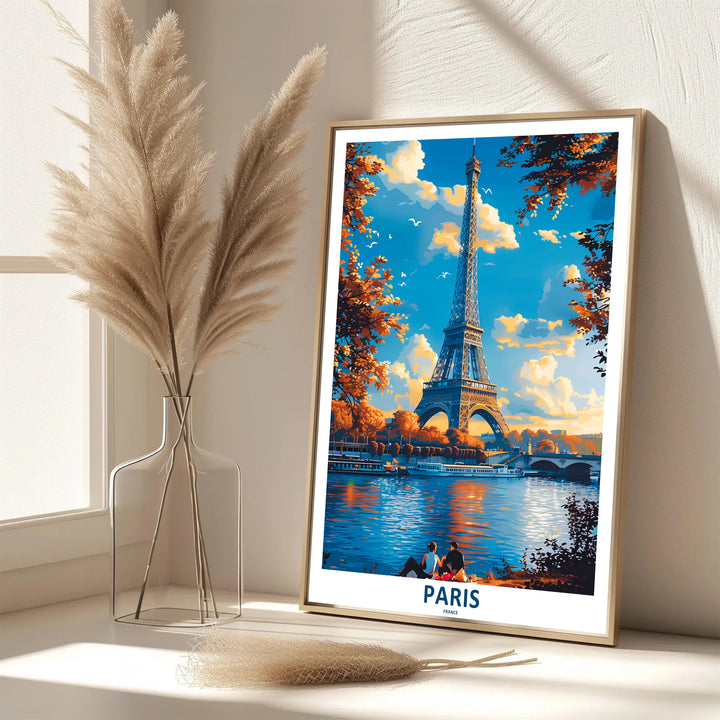 Classic European travel wall art print of Paris Eiffel Tower Autumn River Seine showing birds soaring over the tower in Paris, France. Select premium framed wall art, unframed paper prints, and stretched canvas decor options at MapYourDreams for an eye-catching focal point in your hall.