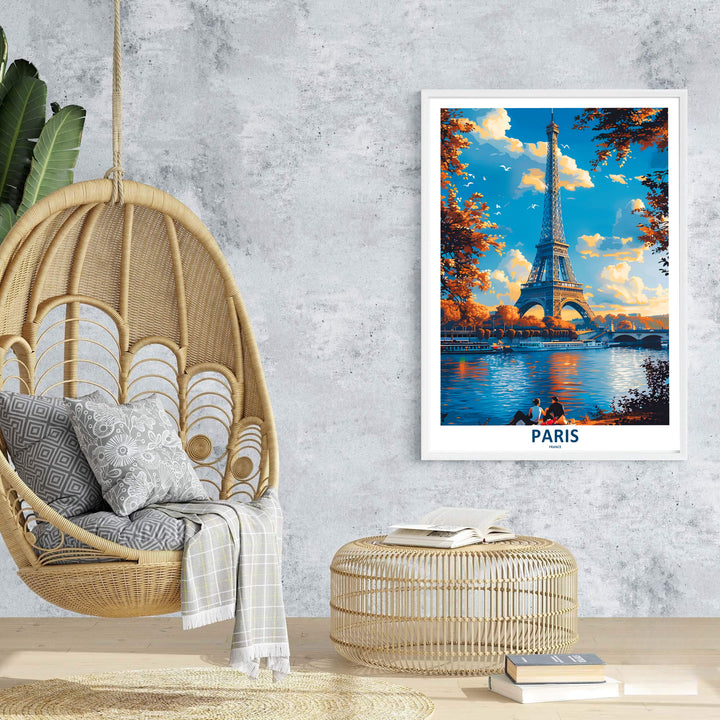 Elegant living room wall art print of Paris Eiffel Tower Autumn River Seine displaying golden autumn leaves in Paris, France. MapYourDreams features custom framed prints, unframed paper wall decor, and gallery canvas options for refined home wall layouts.