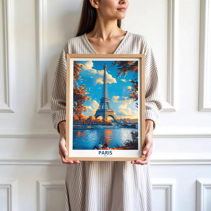 Vintage Paris poster print of Paris Eiffel Tower Autumn River Seine rendered in retro impressionist style in Paris, France. Browse archival framed wall art, unframed poster prints, and stretched gallery canvas options at MapYourDreams for classic decor themes.