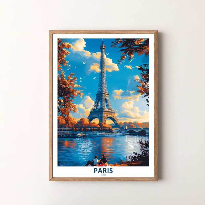 High-definition European landmark print of Paris Eiffel Tower Autumn River Seine portraying peaceful travel scenery in Paris, France. Order custom framed wall art, unframed poster prints, and stretched gallery canvas formats directly at MapYourDreams.