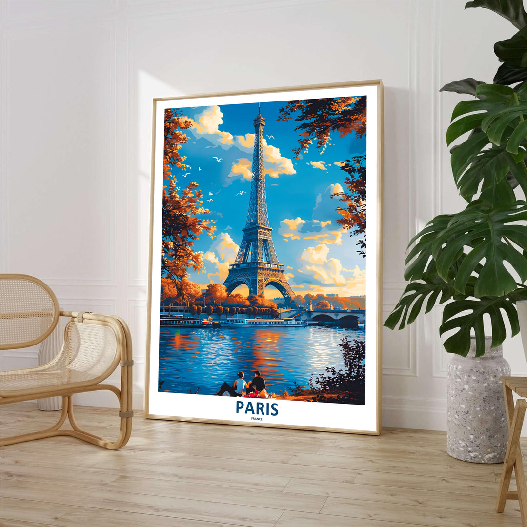 Romantic European landscape print of Paris Eiffel Tower Autumn River Seine captured in Paris, France with a couple on the riverbank. Choose an unframed fine art paper print, a textured gallery stretched canvas print, or custom framed wall decor directly from MapYourDreams for your living room.