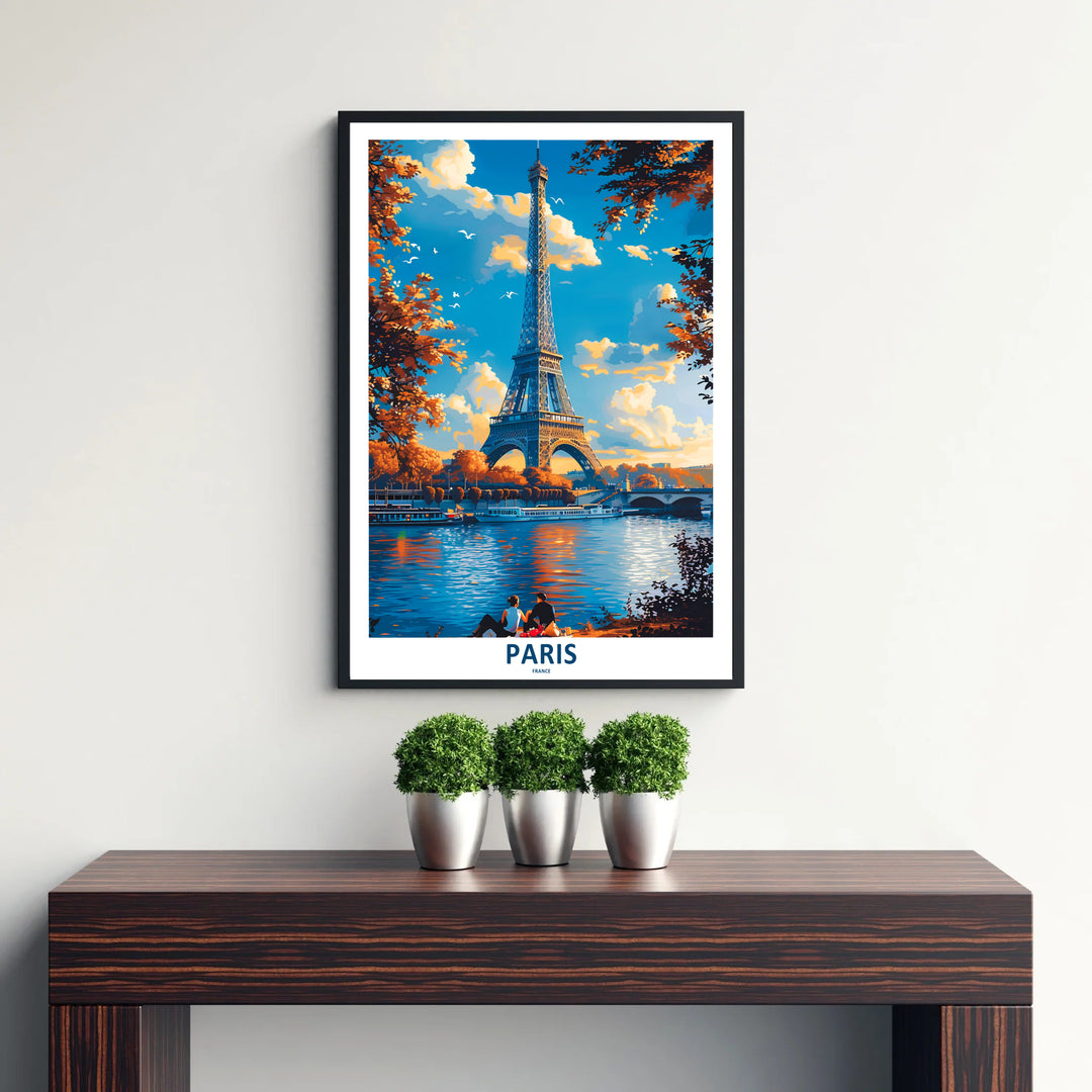 Vintage style travel art print of Paris Eiffel Tower Autumn River Seine capturing afternoon light on the water in Paris, France. Discover custom framed prints, unframed poster options, and stretched canvas wall decor at MapYourDreams for your residential hallway display.