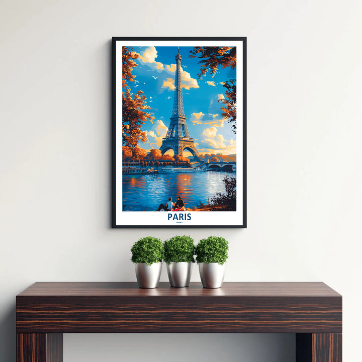 Vintage style travel art print of Paris Eiffel Tower Autumn River Seine capturing afternoon light on the water in Paris, France. Discover custom framed prints, unframed poster options, and stretched canvas wall decor at MapYourDreams for your residential hallway display.