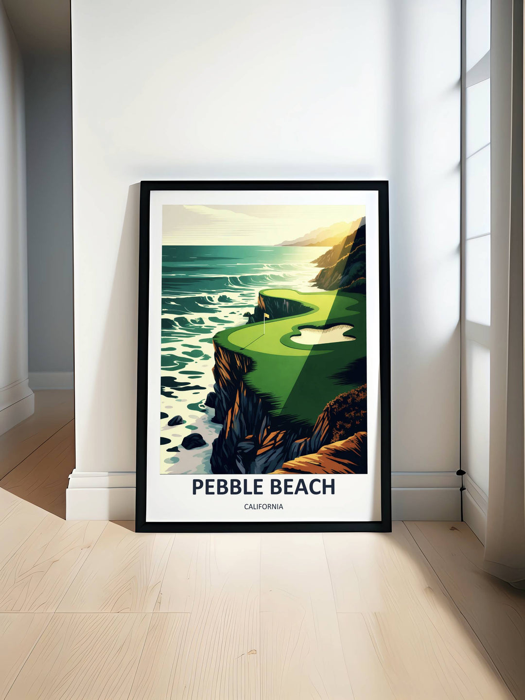 Minimalist California golf print featuring a wide green green fairway bounded by a rugged drop, a white sand bunker, and abstract layered geometric clouds over the water during golden hour.