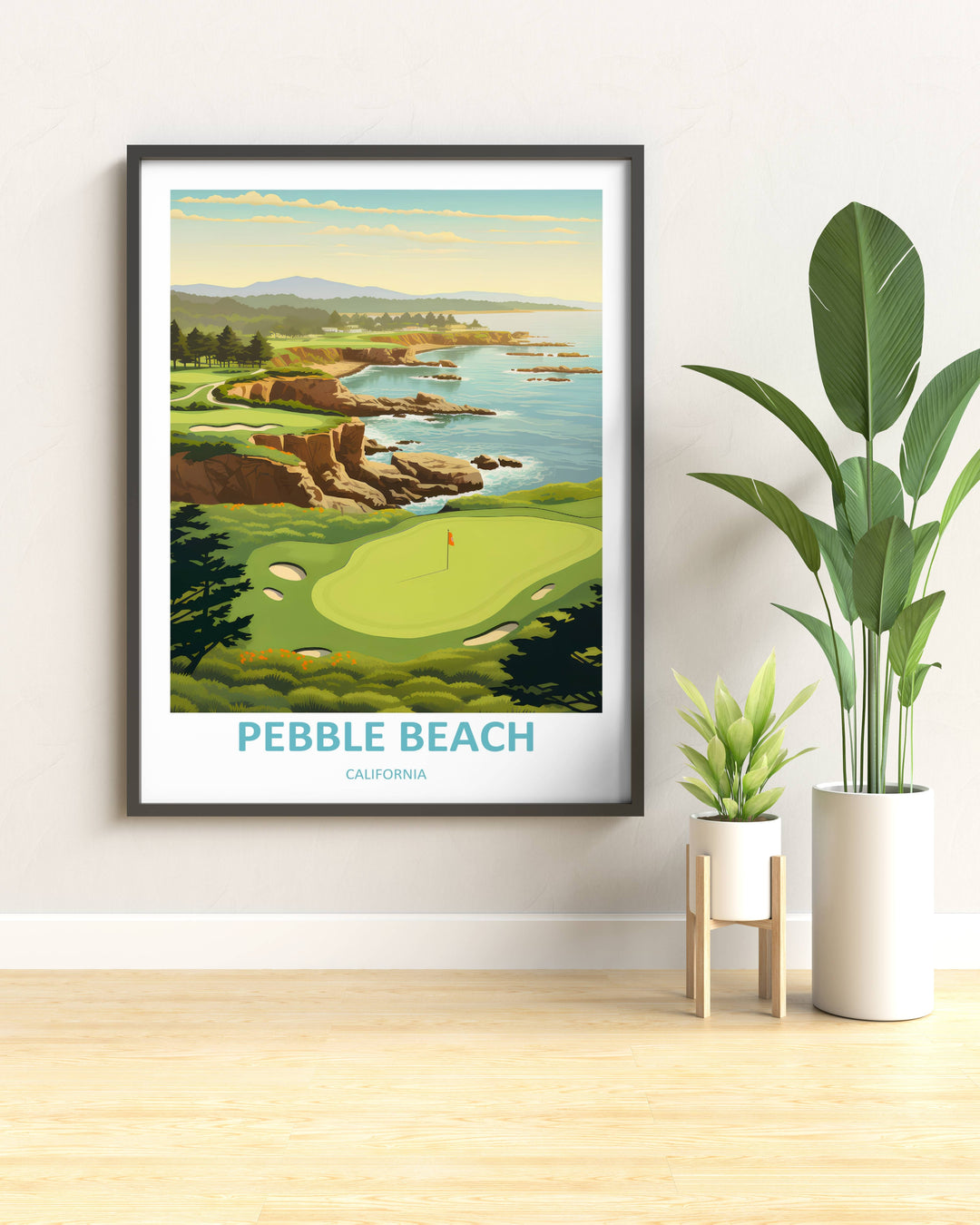 Retro sports illustration of the prestigious Pebble Beach seaside layout, showcasing an iconic panoramic view of the Pacific ocean, rugged coastal drops, and soft vector cloud patterns.