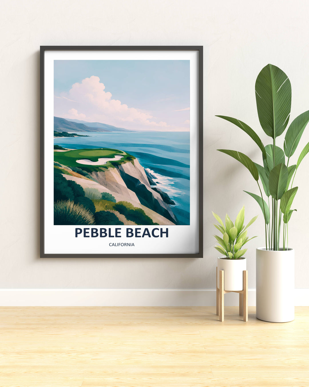 Framed contemporary sports wall hanging displaying a clean graphic design of the Pebble Beach 7th hole with light sage greens, sandy rock colors, and a sleek modern white gallery border.