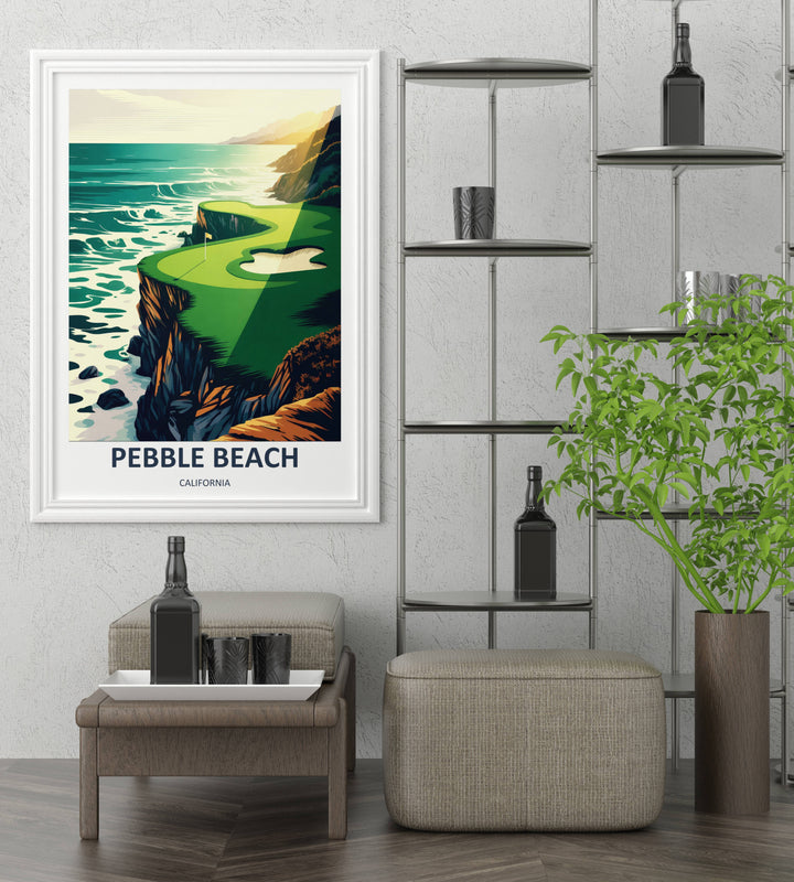 Premium matte paper art print of a famous American golf hole, emphasizing geometric lines, high-contrast shadow shading, an organic sand structure, and a distant coastal mountain ridge line.