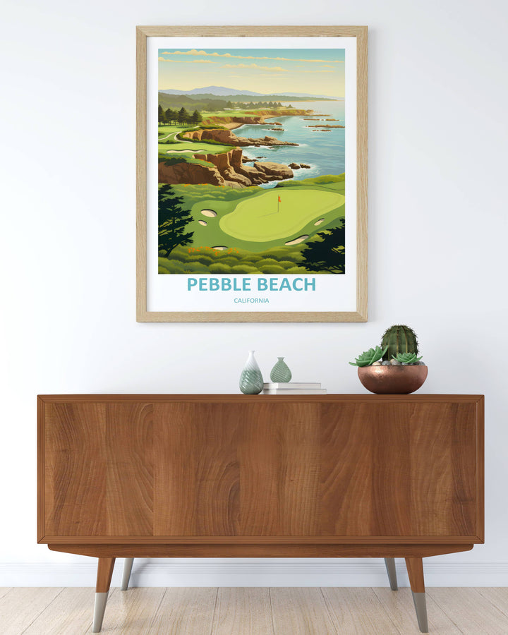 Framed retro golf artwork displaying an expansive coastal vista of Pebble Beach links with rich forest greens, sandy rock textures, and soft evening clouds in a modern black gallery frame.
