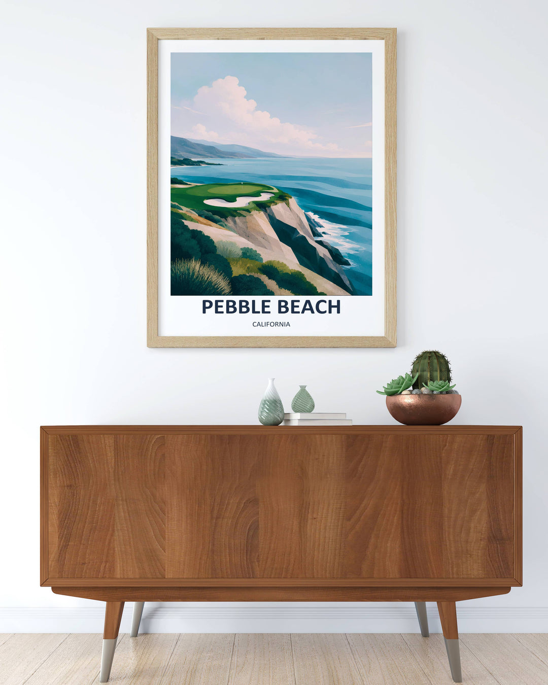 Abstract Pebble Beach vector art poster of a California golf green situated on a faceted geometric precipice with rolling ocean water out to a hazy mountain range under bright daytime clouds.