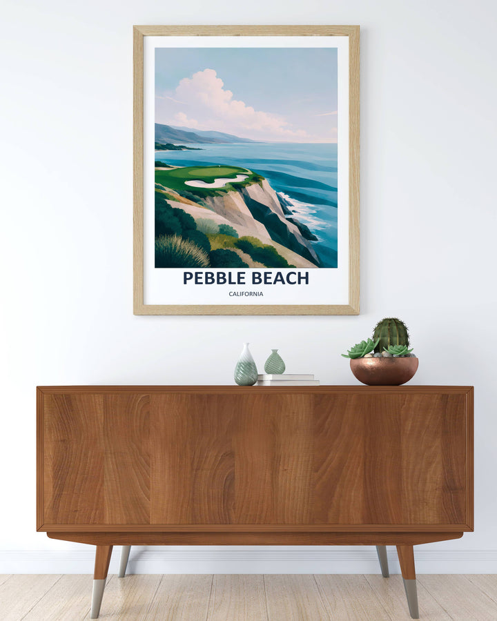 Abstract Pebble Beach vector art poster of a California golf green situated on a faceted geometric precipice with rolling ocean water out to a hazy mountain range under bright daytime clouds.