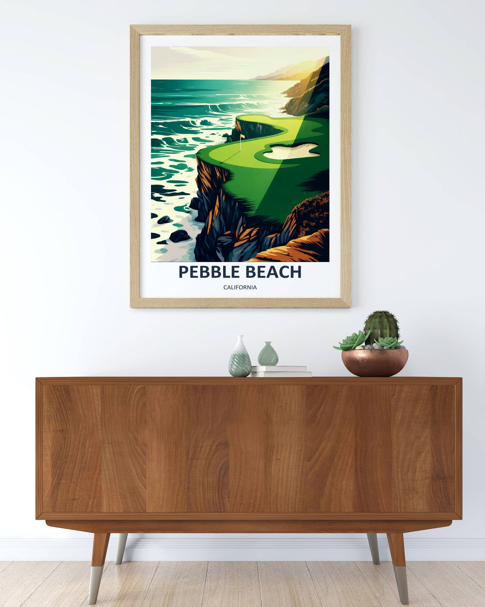 Neo-vintage illustration of the 7th hole layout, showcasing an emerald green turf, a distinct sand trap, and deep charcoal rock formations meeting a rich teal sea under a soft glowing sunset sky.