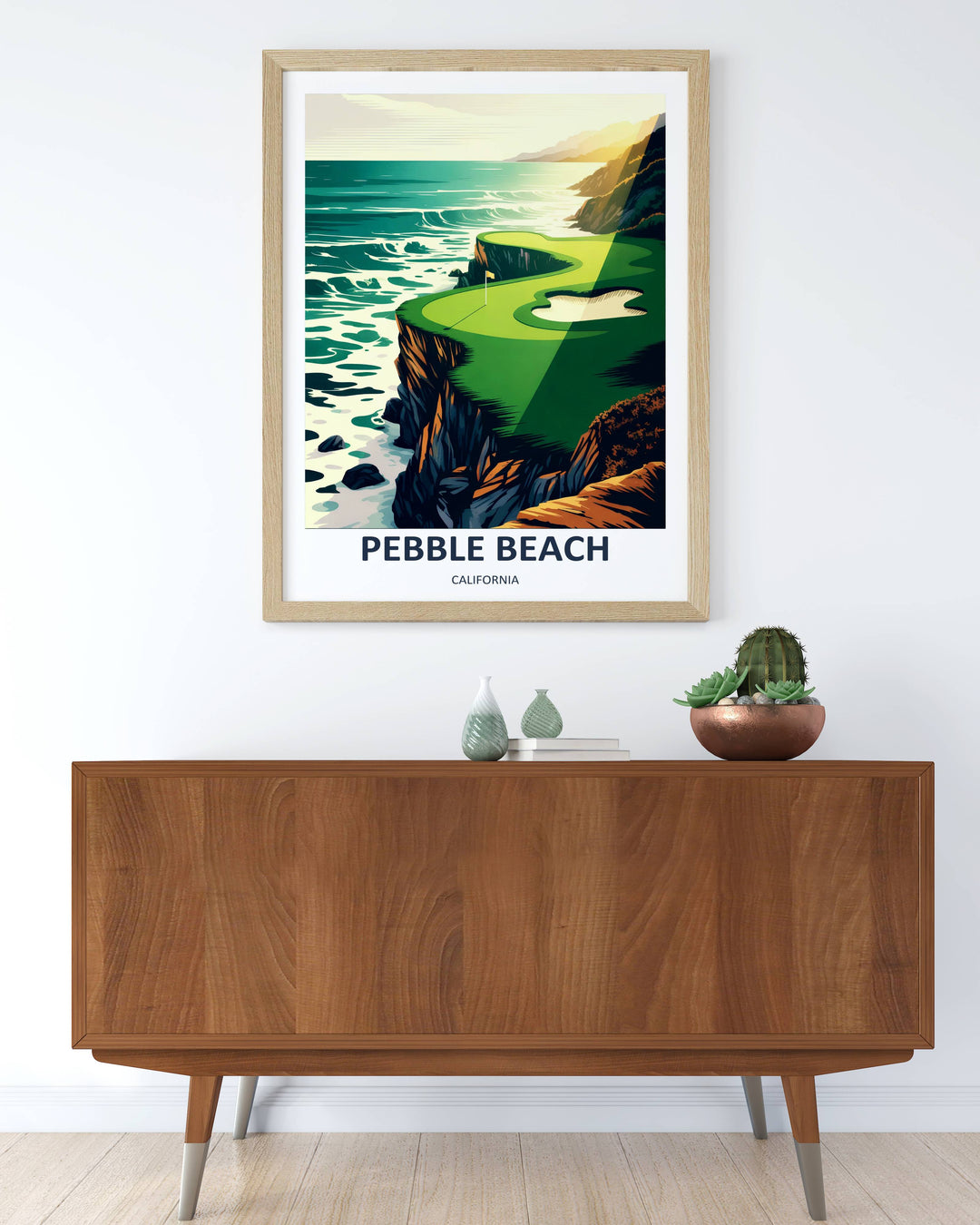 Neo-vintage illustration of the 7th hole layout, showcasing an emerald green turf, a distinct sand trap, and deep charcoal rock formations meeting a rich teal sea under a soft glowing sunset sky.