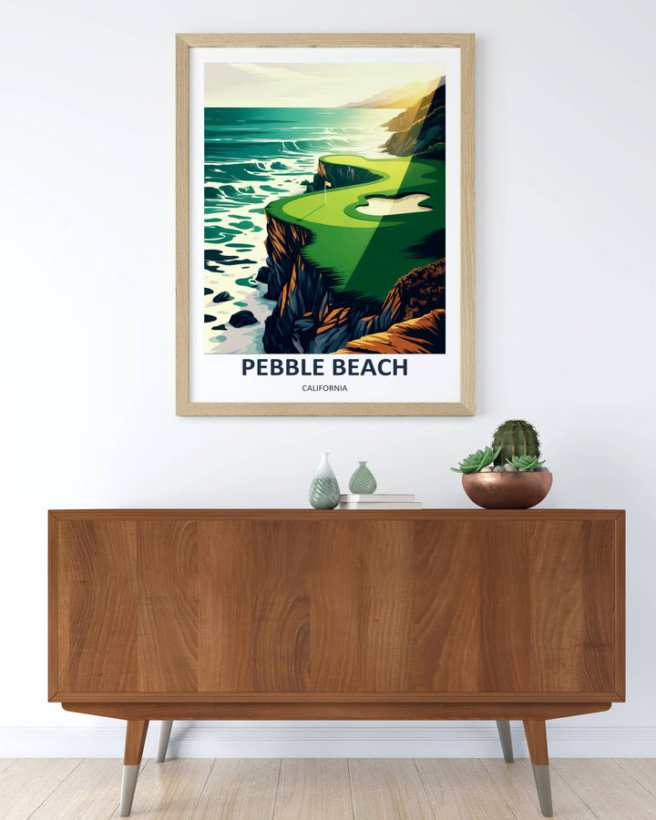 Neo-vintage illustration of the 7th hole layout, showcasing an emerald green turf, a distinct sand trap, and deep charcoal rock formations meeting a rich teal sea under a soft glowing sunset sky.