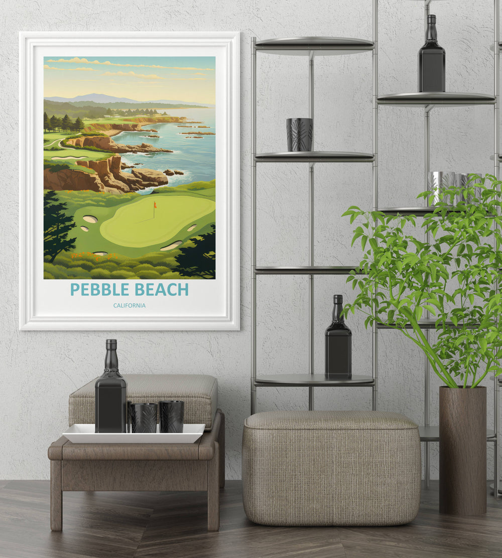 Classic travel poster illustration of the Pebble Beach coastline featuring layered vector hills, rugged ochre cliffs, winding cart paths, and soft sky-blue typography text at the base.