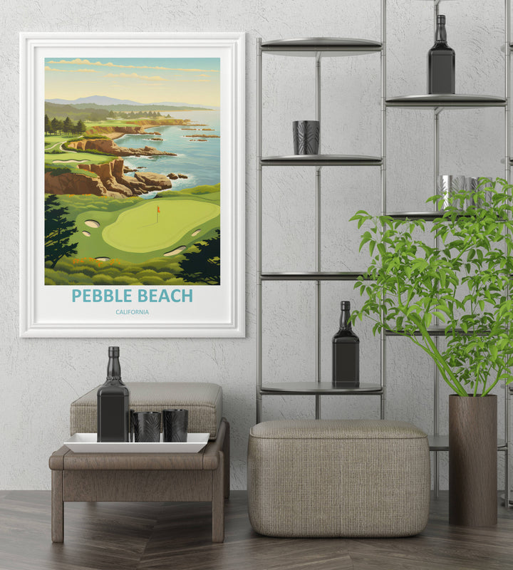 Classic travel poster illustration of the Pebble Beach coastline featuring layered vector hills, rugged ochre cliffs, winding cart paths, and soft sky-blue typography text at the base.