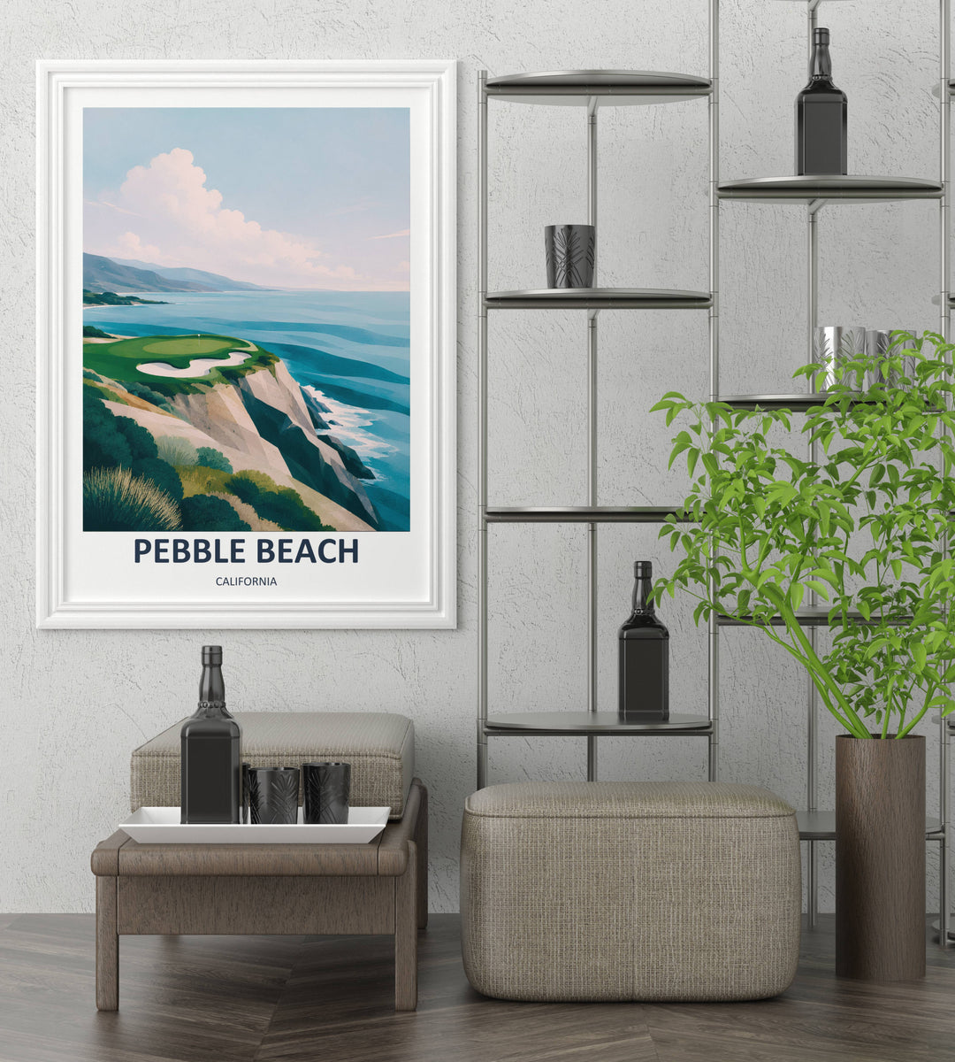 Modern designer artwork of the elite Pebble Beach golf course, showcasing crisp geometric faceting along the ocean bluffs, an organic sand structure, and a smooth gallery matte paper finish.
