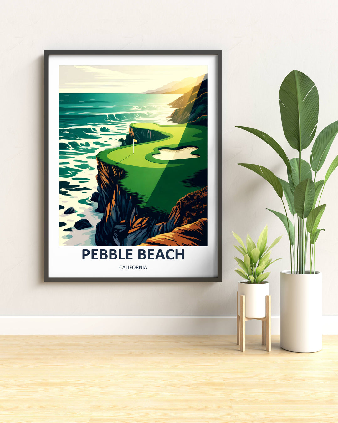 Contemporary sports wall art illustrating the famous seventh hole at Pebble Beach, focusing on high-contrast vector shading, deep natural ocean teals, and a premium matte paper gallery finish.