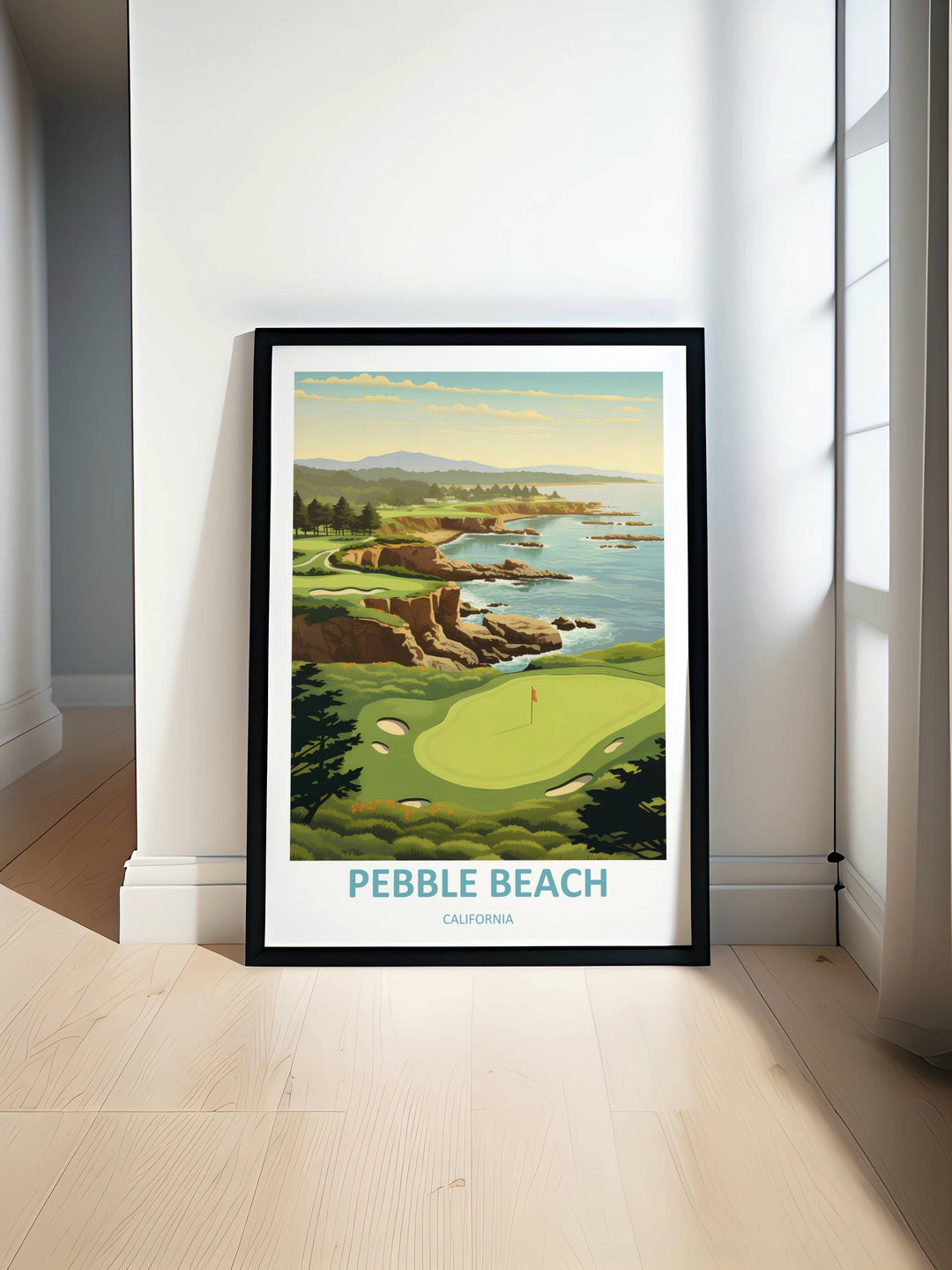 Contemporary heritage wall art illustrating the expansive coastline at Pebble Beach, focusing on soft gradient shading, natural earth tones, warm lighting, and a premium gallery matte finish.