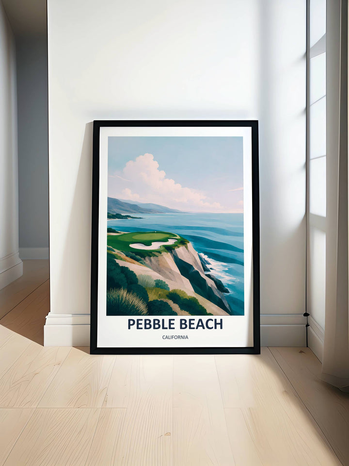 Low poly digital illustration of Pebble Beach seventh hole highlighting sharp architectural planes on the coastal cliffs, an elevated green, a winding sand trap, and smooth blue sea gradients.