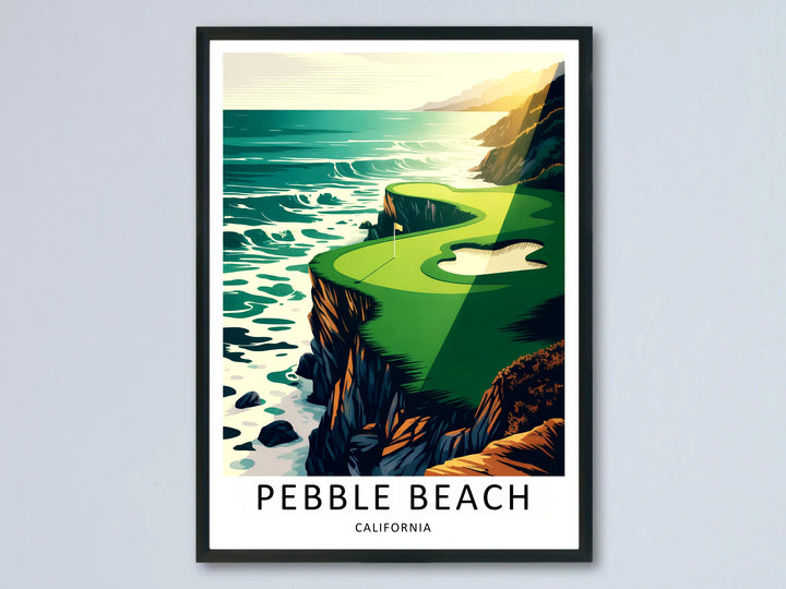 Retro style Pebble Beach golf course art print showing a crisp green fairway on a rugged cliffside, a white sand bunker, crashing Pacific ocean waves, and a dramatic diagonal golden sunbeam layout.