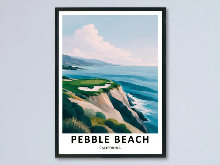 Contemporary fine art print of a California golf landmark at Pebble Beach, utilizing sharp polygonal shading on rock formations, bright natural lighting, and crisp editorial text layout.