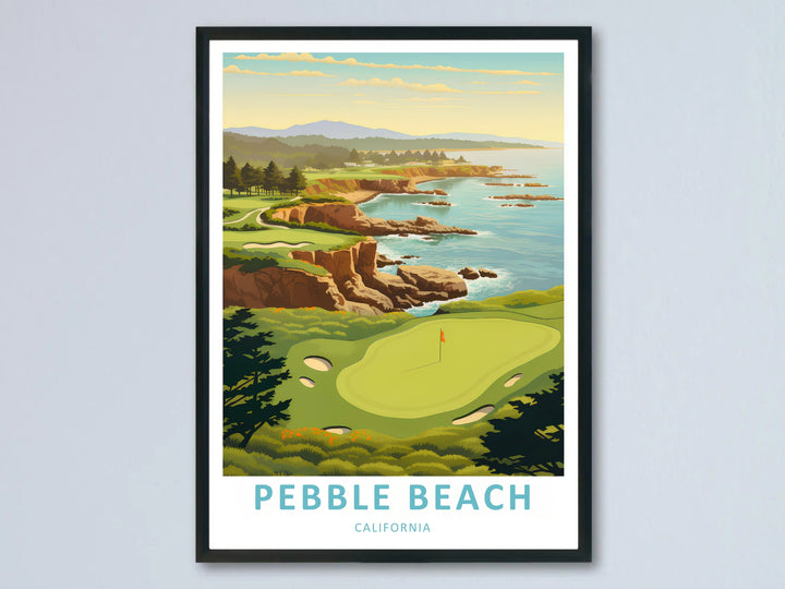 Vintage WPA style Pebble Beach landscape print showcasing a sweeping panoramic view of rocky cliffs, green fairways, a calm turquoise ocean, and a soft golden sunset sky on matte paper.